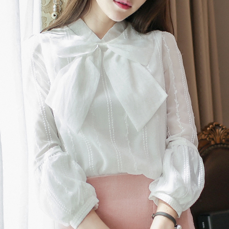 蝴蝶结衬衫长袖女夏秋季新款宽松灯笼袖超仙甜美白色蕾丝雪纺上衣