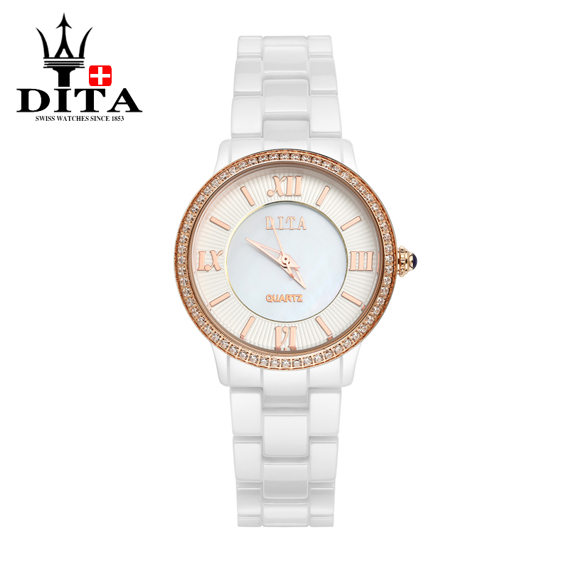 迪塔新品5折手表女士学生白色陶瓷 女表时尚潮流防水石英手表