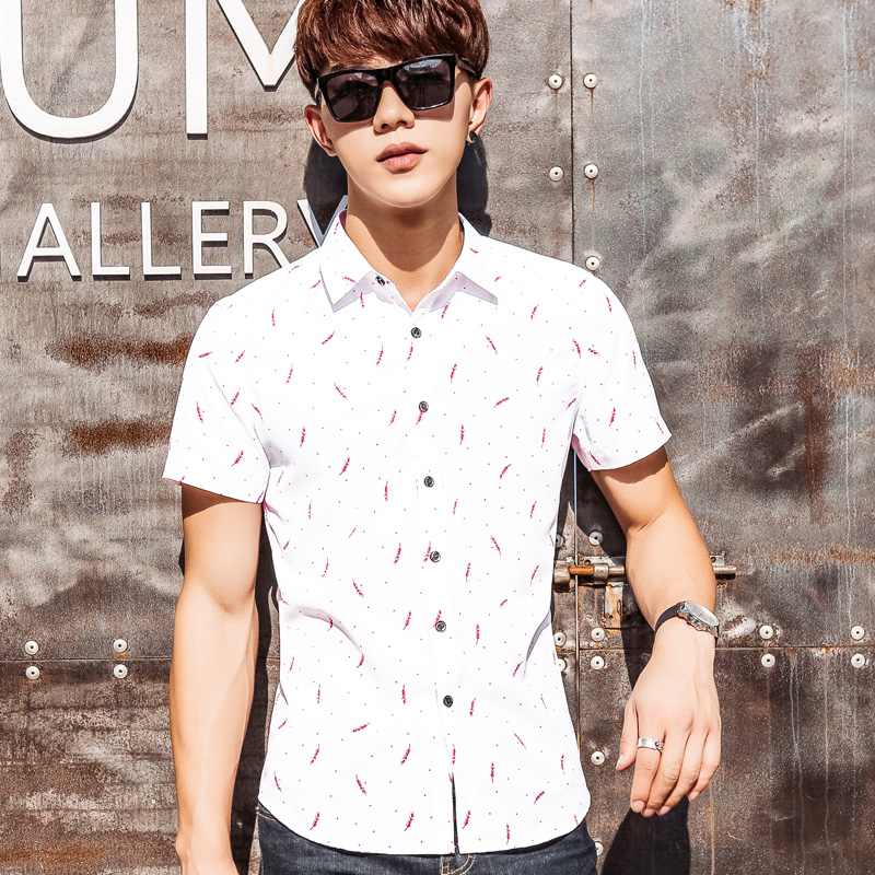 夏季男士短袖衬衫青年时尚潮寸衫修身款韩版印花男装半袖衬衣学生
