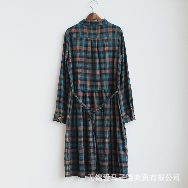 春季新品 日式森系文艺格子女式长袖纯棉中长款连衣裙