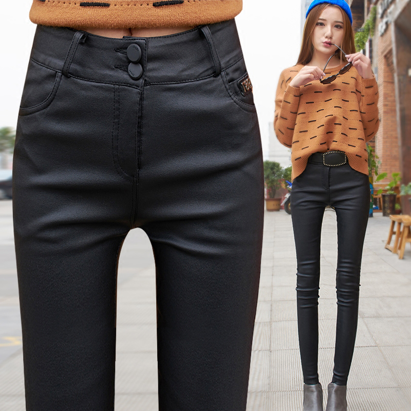 2015女加长皮裤新款式pu亚哑光加绒高腰韩版外穿仿加棉小脚铅笔裤