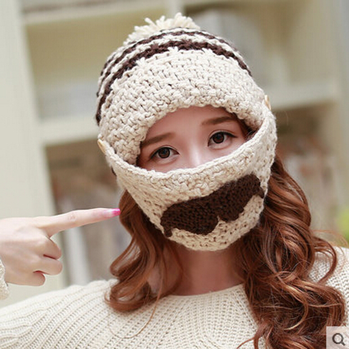 韩版潮新款包邮女士秋冬天针织帽加绒加厚可爱胡子帽冬天口罩两用