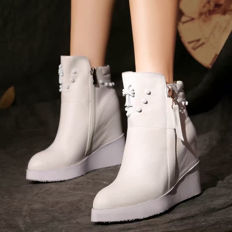 包邮2015欧美潮靴秋季新款白色短靴侧拉链真皮厚底女靴内增高靴子