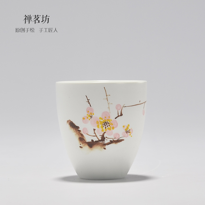 原创手绘彩绘脂白定窑白瓷茶杯品茗杯个人杯创意梅兰竹菊功夫茶具