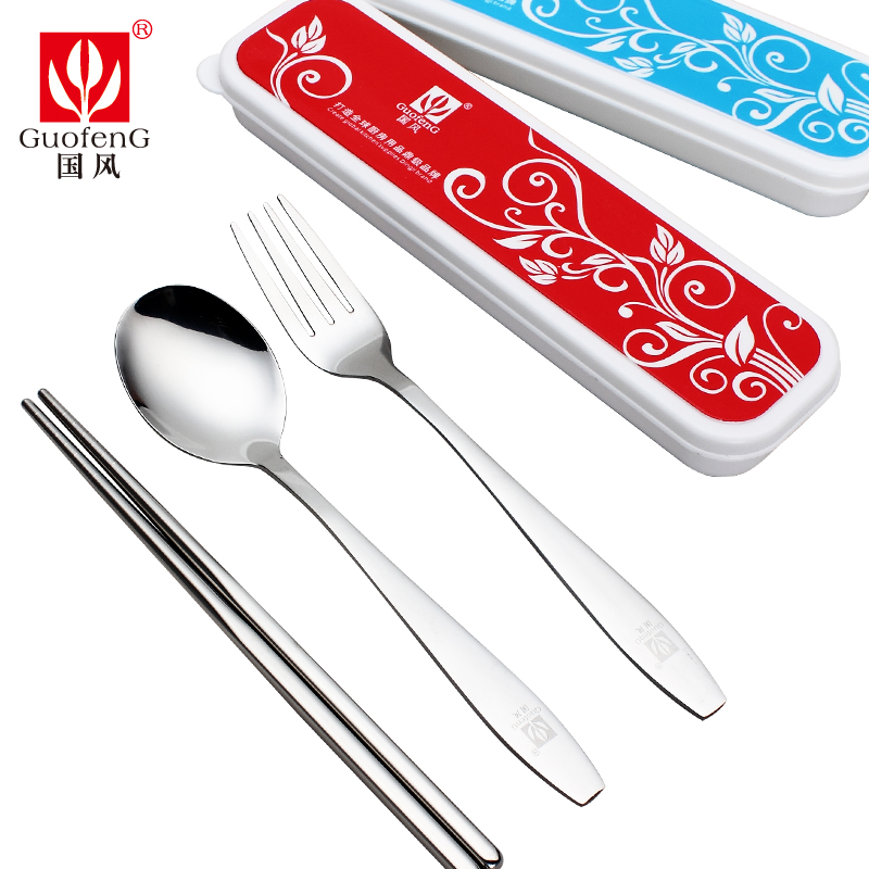 国风304不锈钢便携式学生餐具 筷子叉汤勺带盒子装 旅行环保 包邮