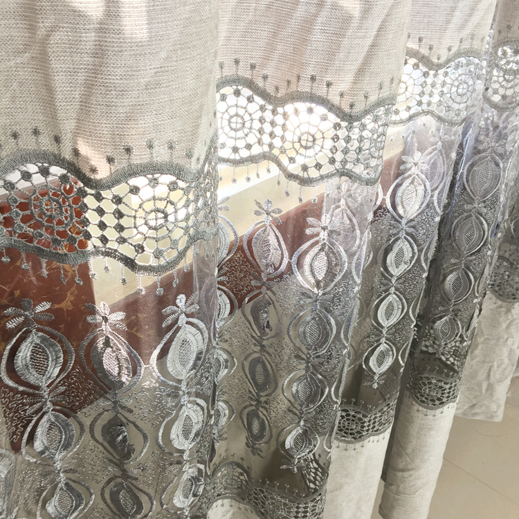 欧式简约镂空水溶浮雕纱亚麻布拼接窗纱成品定制窗帘客厅卧室阳台