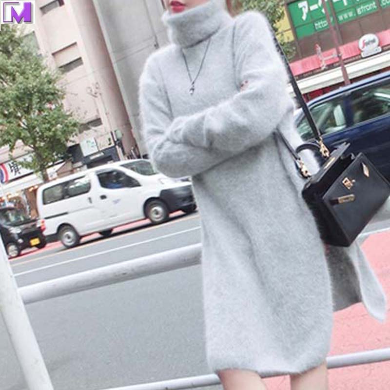 韩国代购2015冬季新款女装中长款貂绒高领打底针织衫毛衣连衣裙