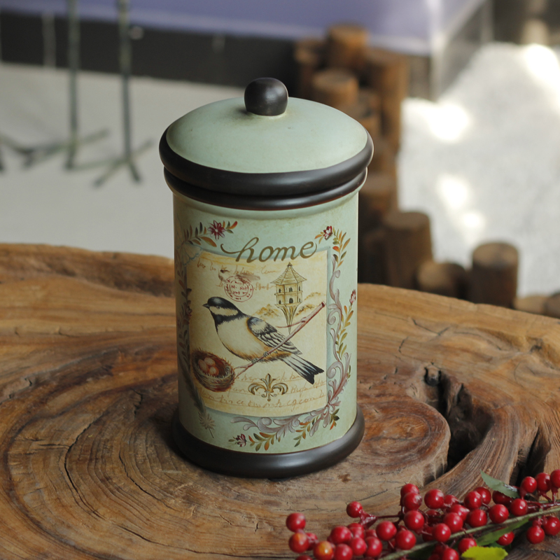 美式乡村花鸟储物罐摆件 带盖收纳罐陶瓷罐欧式家居客厅装饰摆设