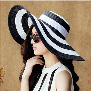 夏季女遮阳帽子韩版新款经典黑白条纹大沿沙滩草帽防晒太阳帽子