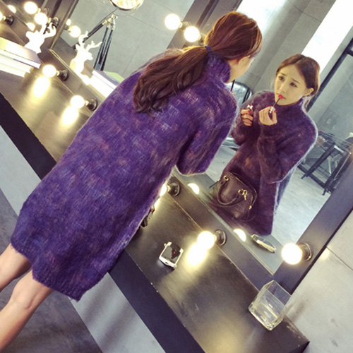 2015韩版新款秋冬季高领羊毛拉绒混色渐变加厚中长款毛衣连衣裙女折扣优惠信息