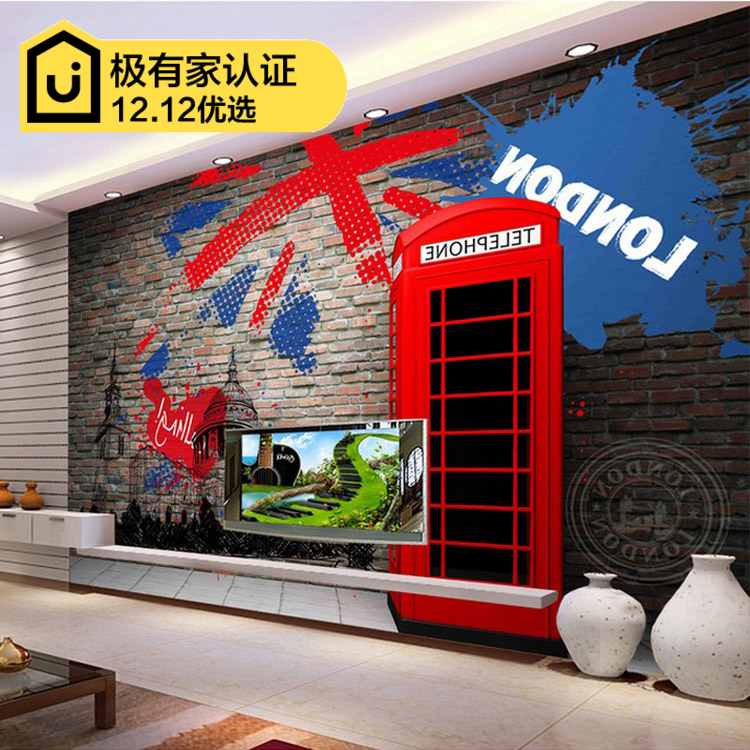 欧美复古3d立体红色电话亭背景墙壁纸KTV茶餐厅电视墙纸大型壁画折扣优惠信息