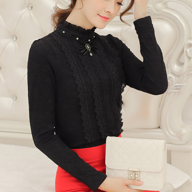 加厚加绒蕾丝高领打底衫女长袖T恤上衣韩版修身外穿2015秋冬新款
