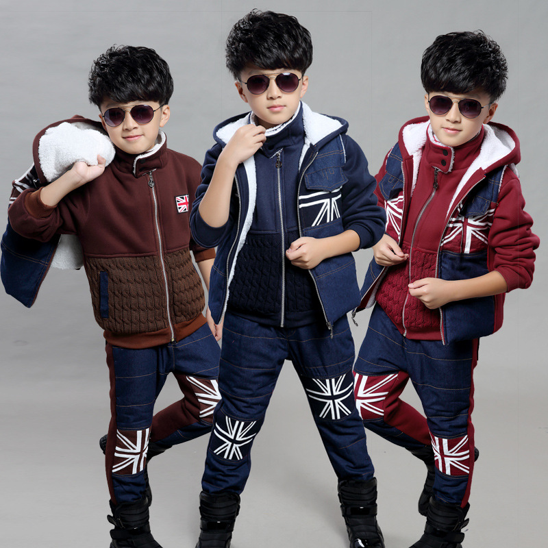 童装男童秋冬装套装中大童儿童运动卫衣加绒加厚三件套装10-12岁