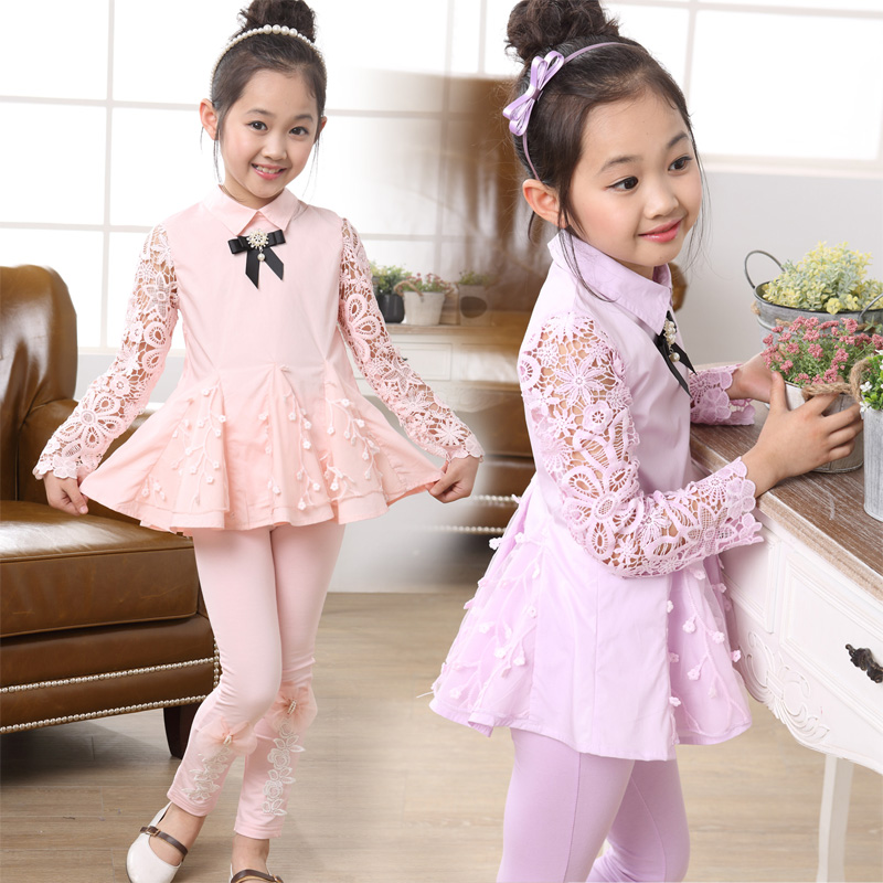 童装女童春装新款韩版公主长袖蕾丝上衣中大童儿童淑女两件套装