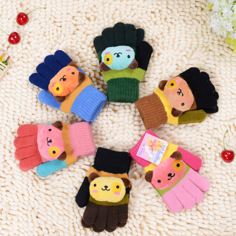新款儿童韩版手套冬天卡通糖果色宝宝针织七彩加厚加绒保暖手套折扣优惠信息