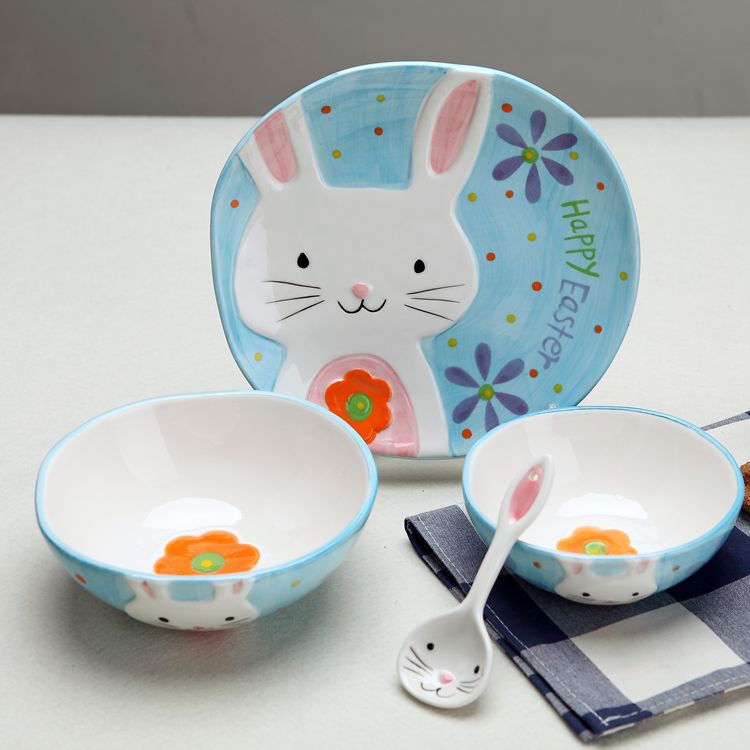 包邮日式家居陶瓷碗盘子勺子面碗卡通碗 动物碗 手绘碗儿童碗兔子折扣优惠信息