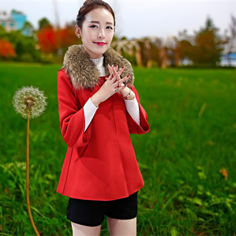 2015冬装新款韩版真毛领短款斗篷型7分袖羊毛呢大衣女暗扣呢外套