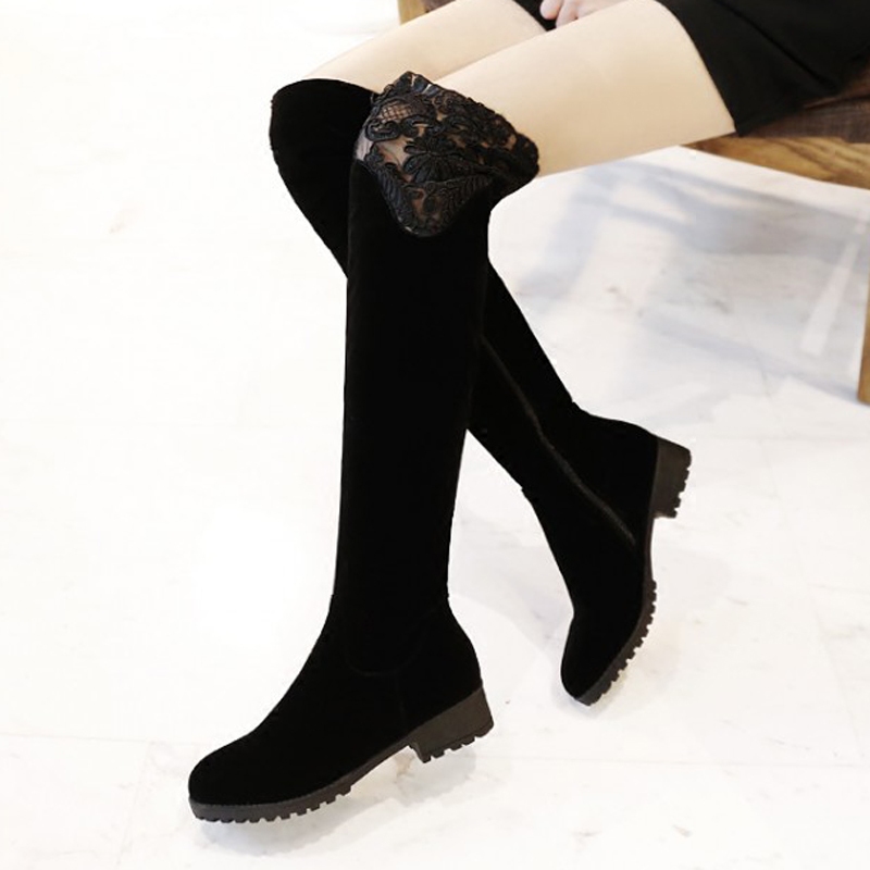 新款韩版冬季蕾丝女靴过膝长靴平底女靴高筒加绒骑士靴瘦腿弹力靴