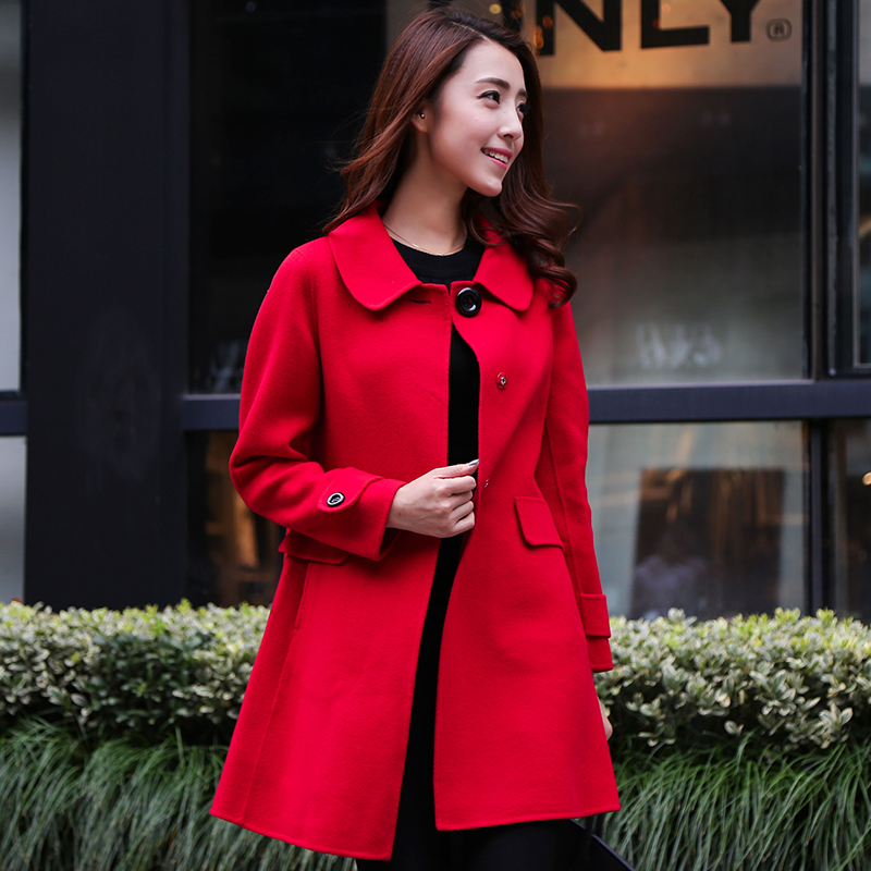 2015秋韩国代购新款女装毛呢 羊绒大衣双面呢修身纯色 毛呢外套女折扣优惠信息