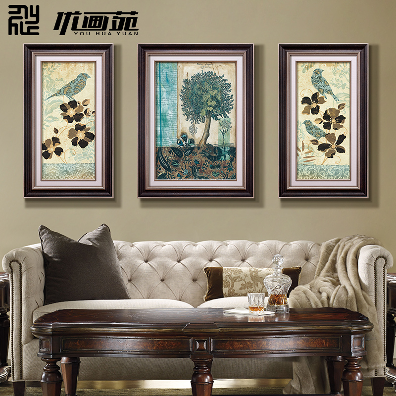 高档欧式美式装饰画简约现代客厅沙发背景墙三联有框挂画壁画青树