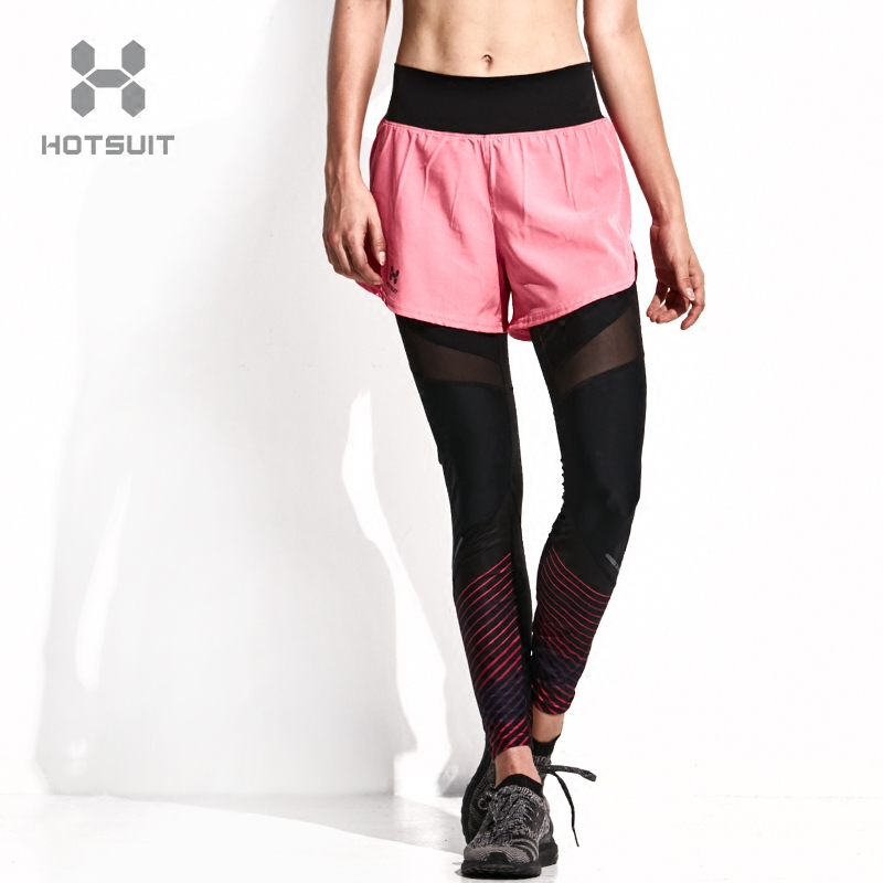 美国HOTSUIT正品女子假两件运动紧身裤弹力健身裤跑步速干长裤