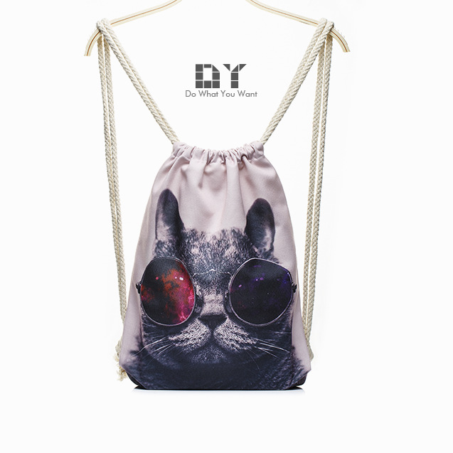 正品代购DY双肩抽绳背包嘻哈酷炫眼镜猫数码印花束口包个性