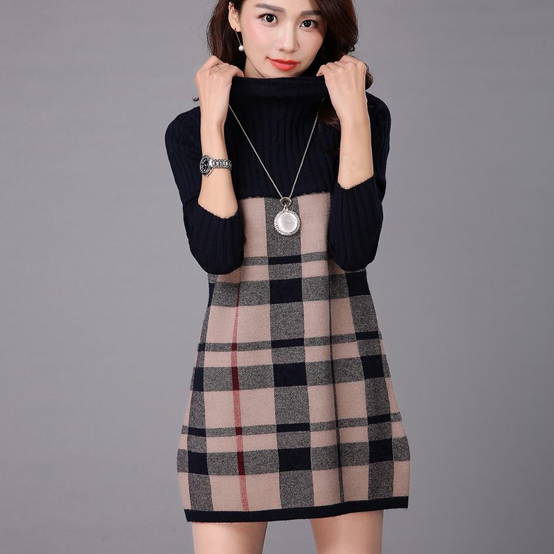 冬季新款羊毛衫女套头韩版中长款格子拼接毛衣半高领加厚打底裙潮折扣优惠信息