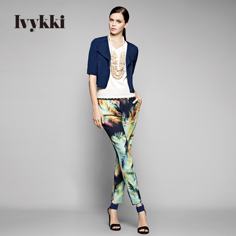 IVYKKI艾维女装 商场同款 英伦薄款花料休闲长裤夏装新款