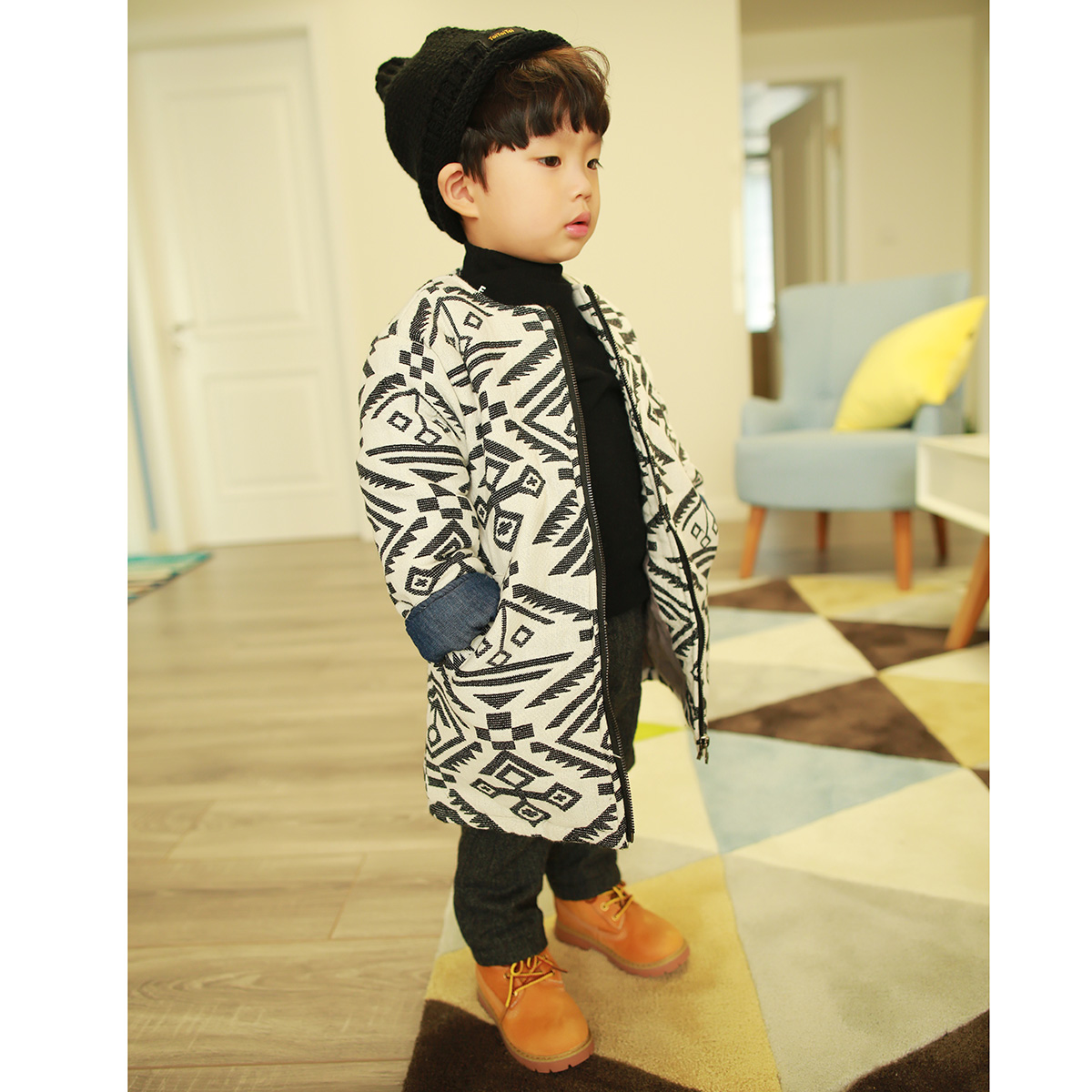 冬季韩国代购新款儿童黑白菱格加厚外套 宝宝中长款棉服 非常特别