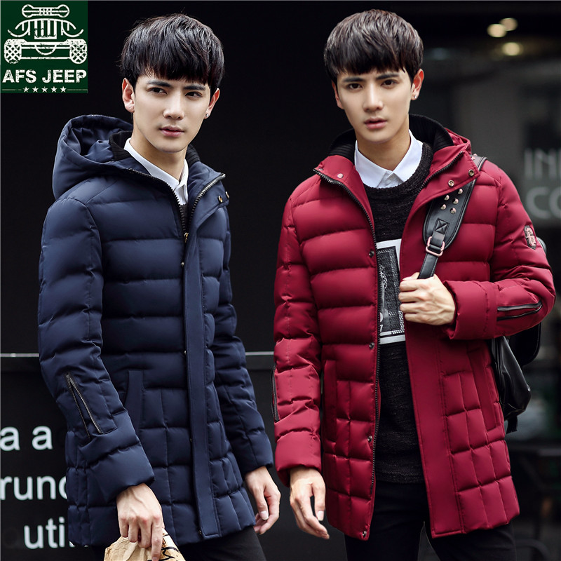 2016韩版修身款羽绒服男中长款加厚大码连帽青少年学生冬天外套男
