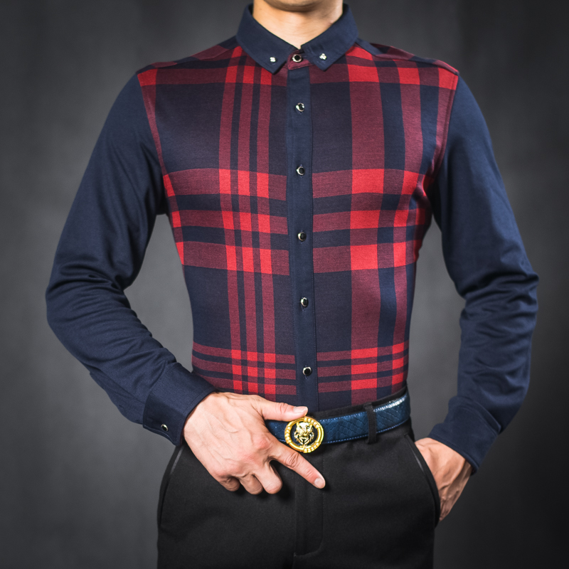 百圣奴2015秋季新款中青年男士长袖衬衫男格子纯棉商务 撞色拼接