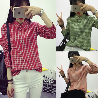 2015秋装韩版清新学院风纯棉格子衬衫女修身大码长袖学生打底衬衣