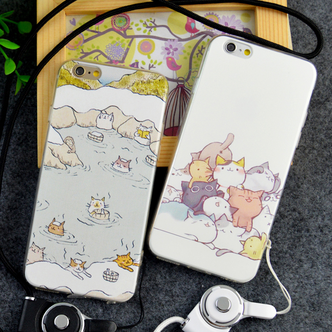 韩国卡通萌猫咪苹果iPhone6 plus挂绳手机壳4S全包保护套5s软外壳