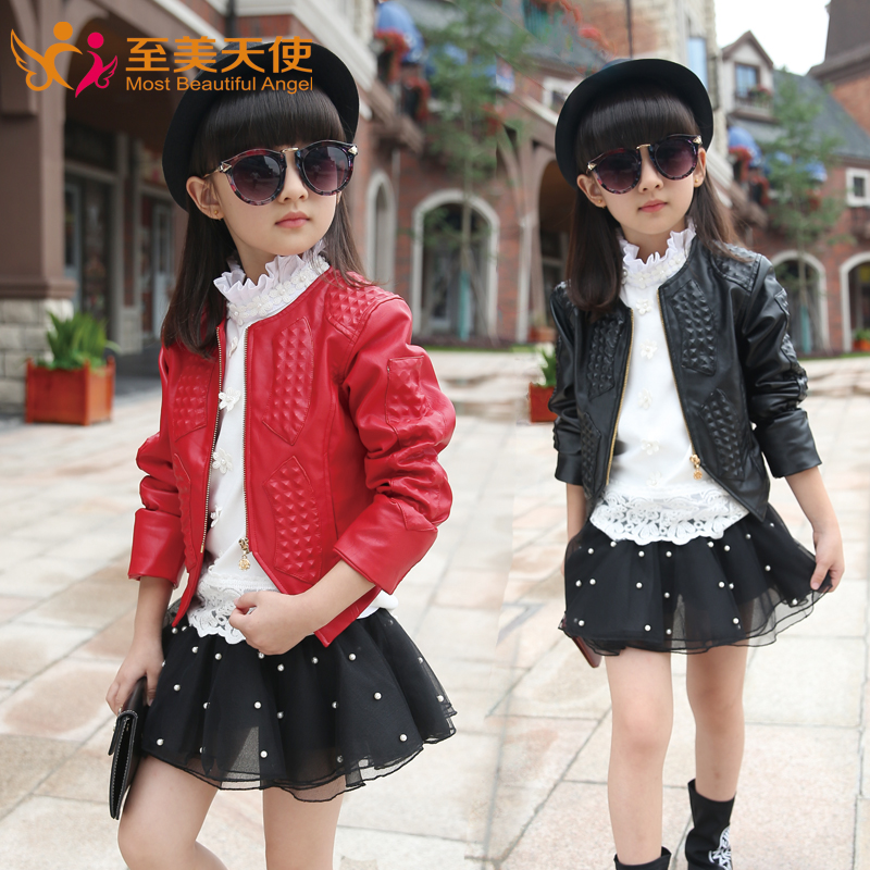 童装女童春秋装2015新款韩版小圆领仿皮夹克中大童儿童PU皮衣外套