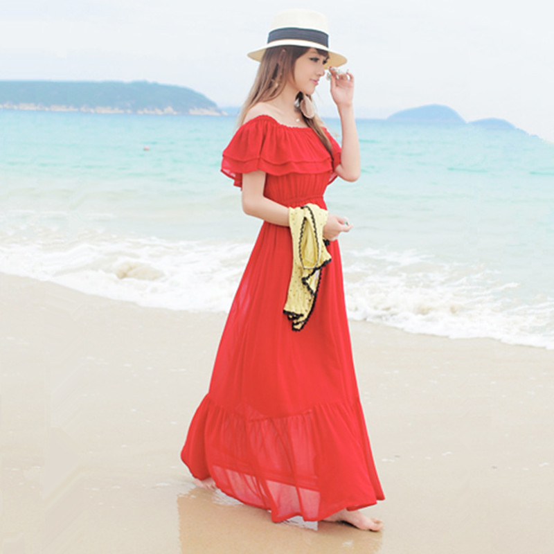 海边度假沙滩裙波西米亚雪纺连衣裙荷叶边吊带纯色长裙礼服伴娘裙