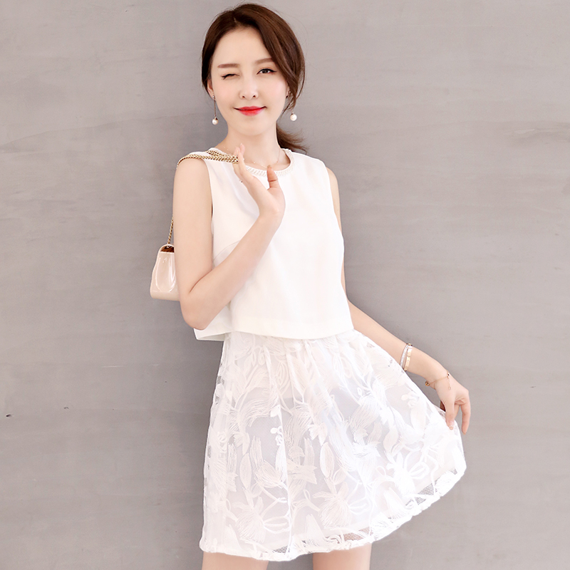 韩国雪纺连衣裙 2016夏装新款无袖性感蕾丝拼接假两件套镂空中裙