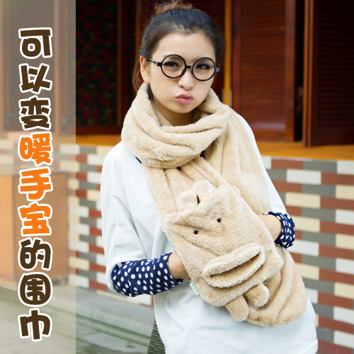 围巾女秋冬季韩国学生超长款加厚保暖围脖毛绒纯色可爱暖手宝两用