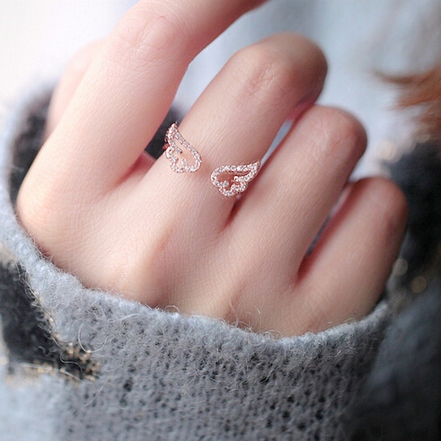 s925纯银开口戒指女气质日韩国时尚满钻翅膀银饰品 食指指环中指