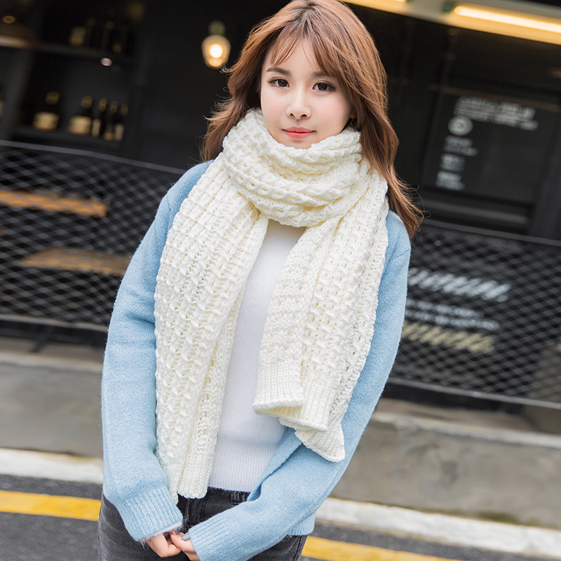 韩国新款冬季女士白色毛线围巾 韩版潮学生加厚加大红色围脖超长折扣优惠信息