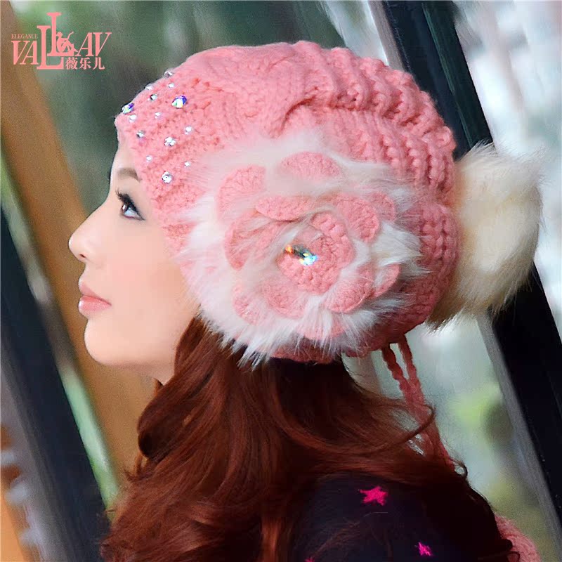 可爱针织帽 秋冬天加绒毛线帽子 女士韩国韩版冬季保暖加粗护耳帽