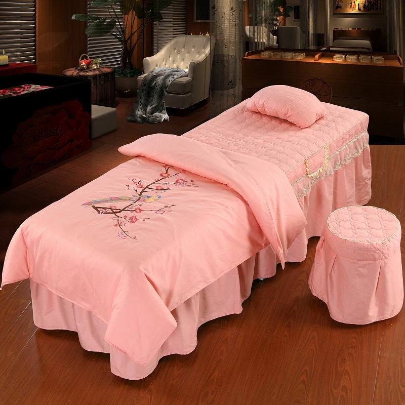 高档全棉绣花纯色美容床罩四件套含被芯圆头按摩床套方头美体床罩