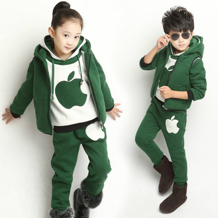童装2015秋冬季男女童加绒加厚苹果图案套头卫衣三件儿童套装绿色