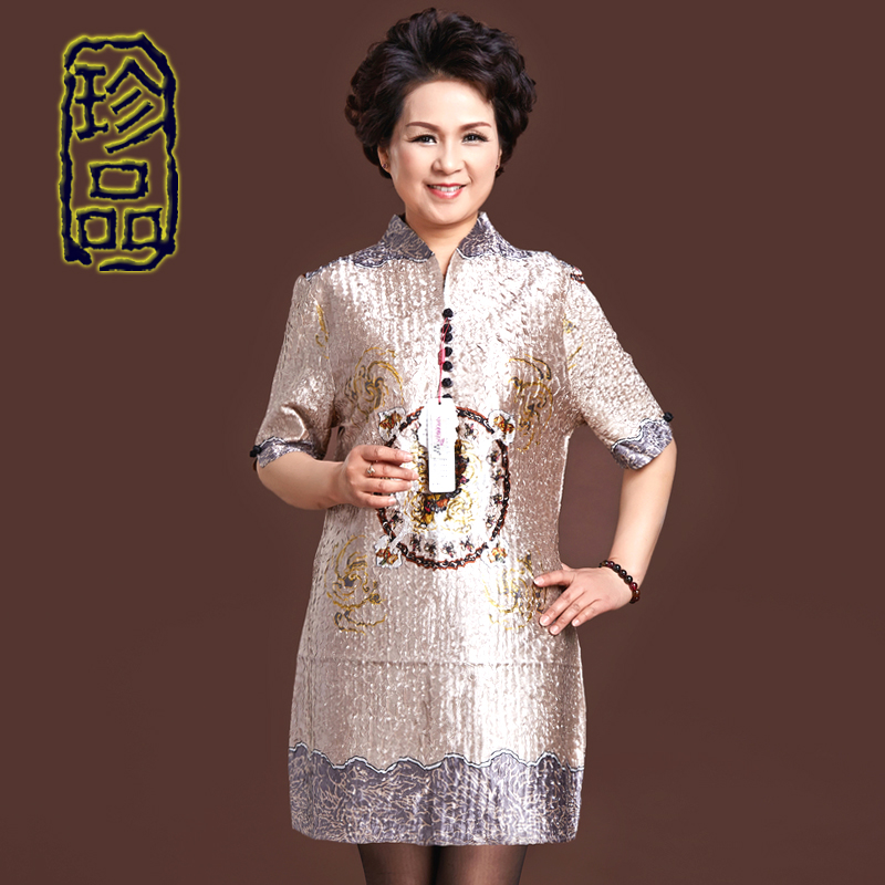 中老年女装夏季中国风短袖真丝唐装妈妈装桑蚕丝连衣裙大码礼服女