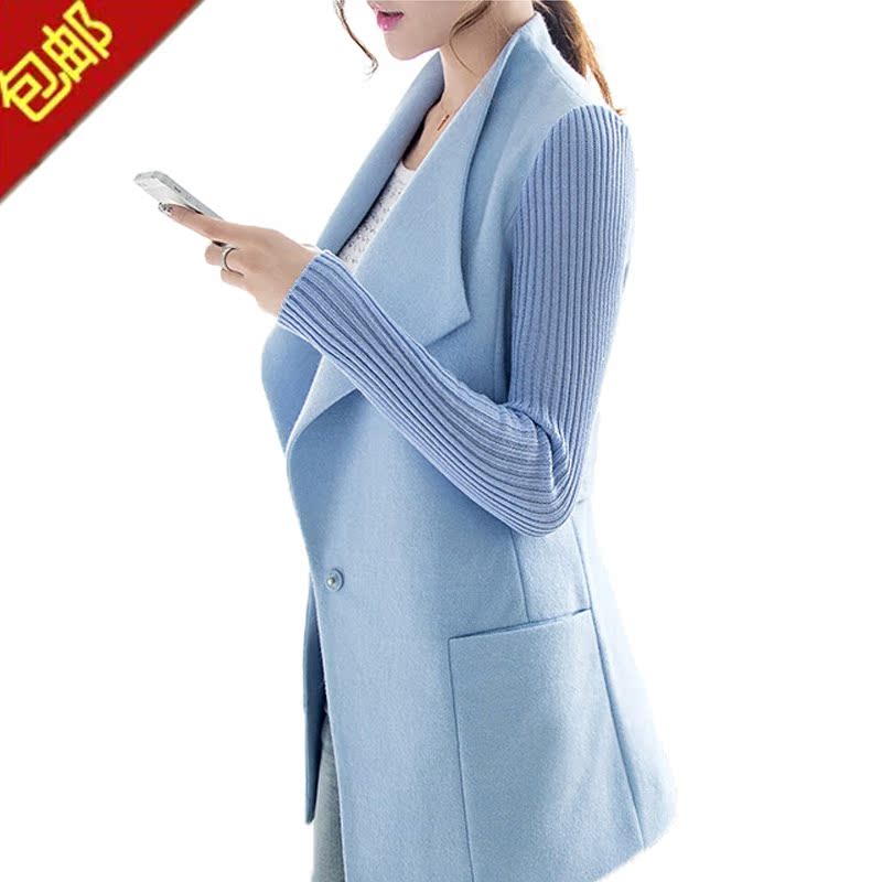 韩版针织长袖中长款显瘦毛呢外套修身女装2015春季新款春秋外套潮