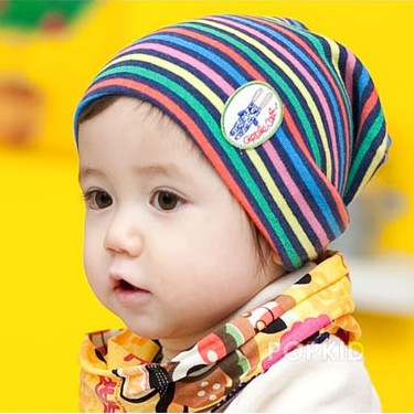 清仓 条纹贴标套头帽韩版宝宝婴儿童帽子小孩男童女童韩国潮春季