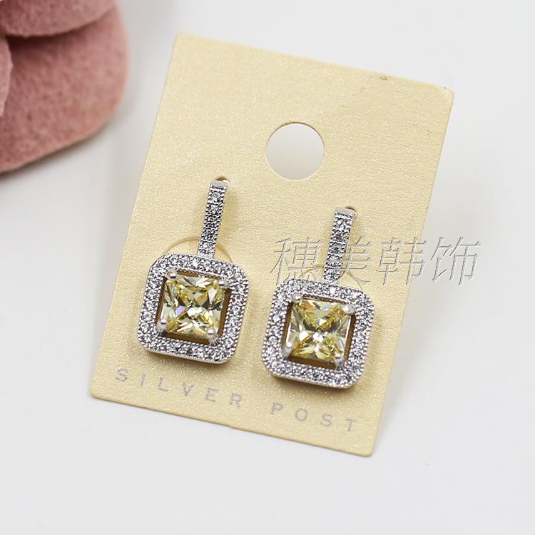 韩国进口淡黄色人造方形钻石微镶小锆石925银针耳钉奢华高贵耳环