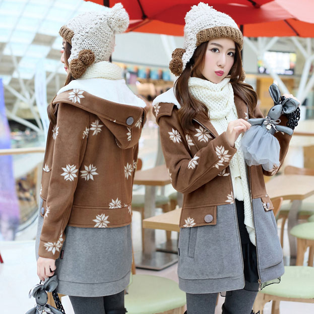2015秋冬装中长款甜美学生毛呢外套少女修身韩版时尚拼接加厚风衣
