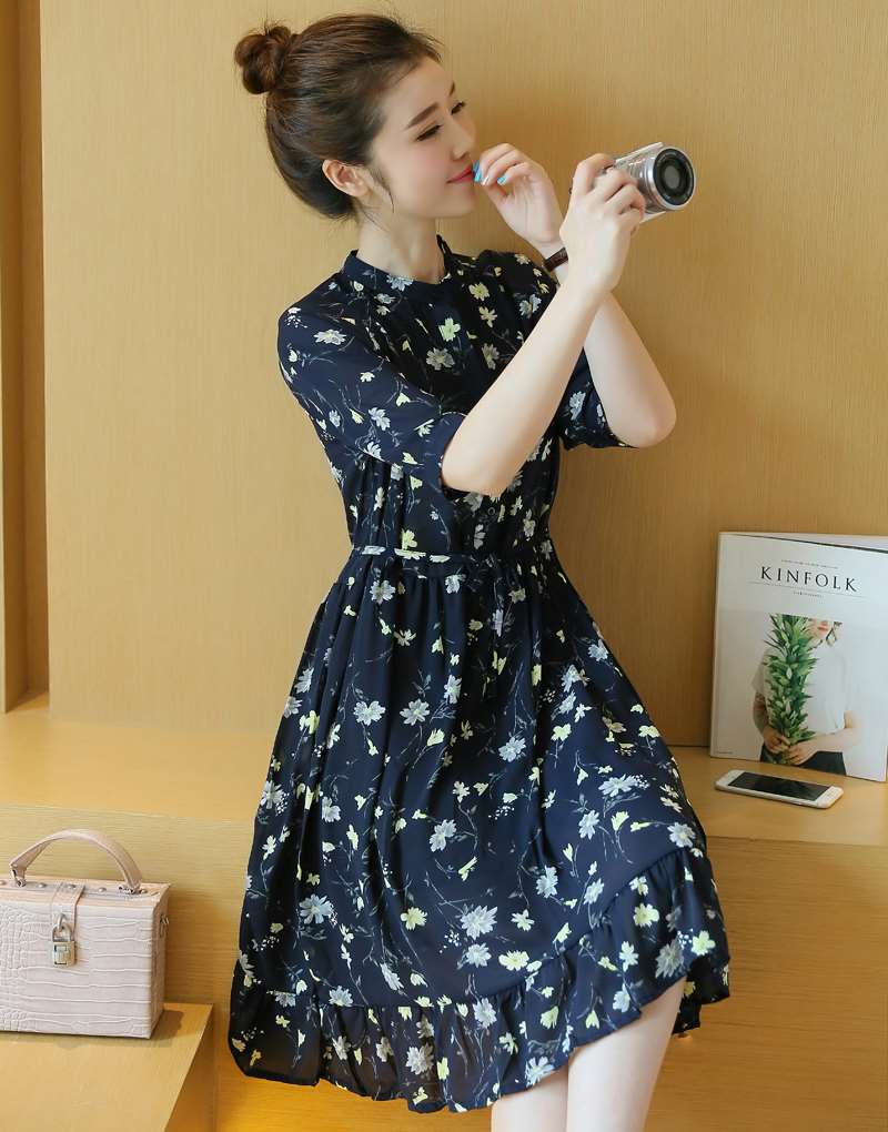 2016夏季新款短袖甜美印花雪纺连衣裙女韩版系带中长款裙子