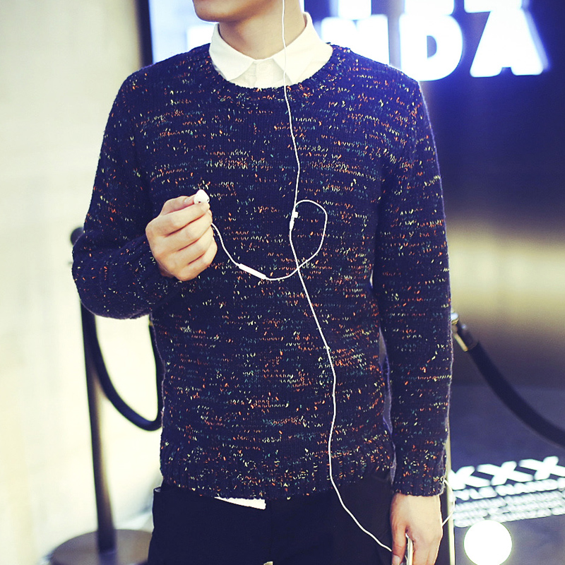 2015男士冬季圆领套头毛衣韩版修身粗线加厚针织衫花线青年打底衫