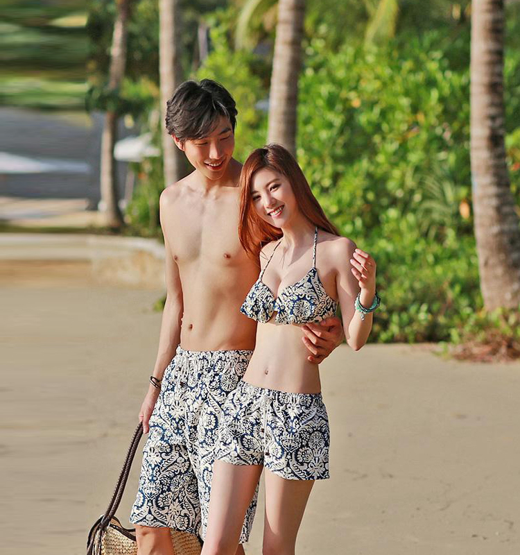 韩版速干情侣沙滩裤男女海边套装大码比基尼聚拢钢托二件套夏装